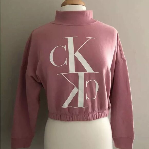 CALVIN KLEIN Pink White Cropped Sweatshirt Top Soft fleece Long Sleeve medium - Picture 1 of 3